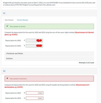 Kingbird AG purchased a new plant asset on April 1, 2022, at a cost of €954,000. It was estimated to have a service life of 20 years and
a residual value of €78,720. Kingbird' accounting period is the calendar year.
(a)
Your Answer Correct Answer
Your answer is correct.
Compute the depreciation for this asset for 2022 and 2023 using the sum-of-the-years-digits method. (Round answers to O decimal
places, e.g. 45,892.)
Depreciation for 2022
Depreciation for 2023 €
(b)
eTextbook and Media
Solution
* Your answer is incorrect.
Compute the depreciation for this asset for 2022 and 2023 using the double-declining-balance method. (Round answers to O
decimal places, e.g. 45,892.)
Depreciation for 2022 €
Depreciation for 2023 €
95400
Attempts: 2 of 2 used
85860