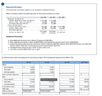 Required information
[The following information applies to the questions displayed below.]
Marco Company shows the following costs for three jobs worked on in April.
Job 306
Job 307
$ 31,800
$ 37,800
22,800
20,800
11,800
12,800
Balances on March 31
Direct materials used (in March)
Direct labor used (in March)
Overhead applied (March)
Costs during April
Direct materials used
Direct labor used
Overhead applied
Status on April 30
March
Additional Information
a. Raw Materials Inventory has a March 31 balance of $82,800.
b. Raw materials purchases in April are $507,000, and total factory payroll cost in April is $370,000.
c. Actual overhead costs incurred in April are indirect materials. $51,750; indirect labor, $24.750: factory rent, $33,750;
factory utilities, $20,750; and factory equipment depreciation, $52,750.
d. Predetermined overhead rate is 50% of direct labor cost.
e. Job 306 is sold for $642,000 cash in April.
Direct materials
Direct labor
2. Determine the total cost assigned to each job as of April 30 (including the balances from March 31).
Overhead applied
Work in process, beginning
April
Direct materials
Direct labor
Overhead applied
Costs added in April
Total costs
Status on April 30
April 30 cost included in:
$
Job 306
142,000
87,800
?
Finished
(sold)
31,800
22,800
12,800
142,000
87,800
229,600
227,000 $107,000
157,000
112,000
?
?
Finished
(unsold) In process
Finished (sold)
$
Job 307
Job 308
37,800
20,800
11,800
Assessment Tool iFrame
157,000
384,000
Finished (unsold)
Job 308
In process
107,000
112,000
219,000
April Total
$
$
0
476,000
356,800
0
832,800