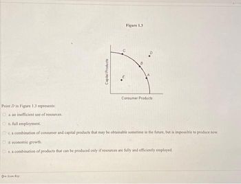Point D in Figure 1.3 represents:
a. an inefficient use of resources.
Capital Products
O Icon Key
Figure 1.3
B
Consumer Products
Ob. full employment.
c. a combination of consumer and capital products that may be obtainable sometime in the future, but is impossible to produce now.
d. economic growth.
e. a combination of products that can be produced only if resources are fully and efficiently employed.