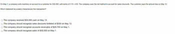 On May 1, a company sells inventory on account to a customer for $30,000, with terms of 1/15, n/30. The company uses the net method to account for sales discounts. The customer pays the amount due on May 13.
Which statement accurately characterizes this transaction?
The company received $30,000 cash on May 13.
The company should recognize sales discounts forfeited of $300 on May 13.
The company should recognize accounts receivable of $29,700 on May 1.
The company should recognize sales of $30,000 on May 1.