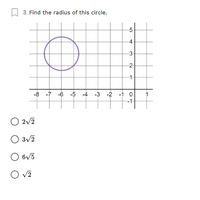 3. Find the radius of this circle.
5-
4.
-3
2-
-8 -7 -6 -5
-4
-3 -2 -1 0
O 2v2
O 3v2
O 6V5
O v?
1.
