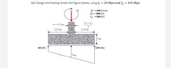 Q2/ Design the footing shown the figure below, using fc = 24 Mpa and fy = 415 Mpa
N M
M=800 KN-m
DL= 800 KN
LL=800 KN
w=0.5 m
2.25 m
60 kPa
Love
(L-w)
2
2.25 m
3 m
239 kPa