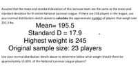 Assume that the mean and standard deviation of this lacrosse team are the same as the mean and
standard deviation for th entire National Lacrosse League. If there are 218 players in the league, use
your normal distribution sketch above to calculate the approximate number of players that weigh over
231.3 Ibs.
Mean= 195.5
Standard D = 17.9
%3D
Highest weight is 245
Original sample size: 23 players
Use your normal distribution sketch above to determine below what weight should there be
approximately 15.83% of the National Lacrosse League players?
