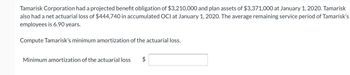 Tamarisk Corporation had a projected benefit obligation of $3,210,000 and plan assets of $3,371,000 at January 1, 2020. Tamarisk
also had a net actuarial loss of $444,740 in accumulated OCI at January 1, 2020. The average remaining service period of Tamarisk's
employees is 6.90 years.
Compute Tamarisk's minimum amortization of the actuarial loss.
Minimum amortization of the actuarial loss $