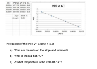 k/s T/C T/K 1/T (K) Ink
0.00018 477 750 0.00133 -8.62
In(k) vs 1/T
0.00270 523 796 0.00126 -5.91
0.03000 S77 850 0.00118 -3.51
0.26000 623 896 0.00112-1.35
-1
-2
Slope 33105 K
Intercept 35.SS
-7
-10
0.00110
0.00115
0.00120
0.00125
0.00130
0.00135
א ז/
The equation of the line is y= -33105x + 35.55
a) What are the units on the slope and intercept?
b) What is the k at 555 °C?
c) At what temperature is the k=.00047 s-1?
