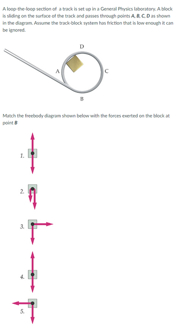 The text details an experiment set up in a General Physics laboratory involving a loop-the-loop section of a track. A block slides across this track, passing through designated points A, B, C, and D. The diagram illustrates this track as a circular loop with the letters indicating respective positions on the track. Friction is negligible and can be ignored for the purpose of this experiment.

Below the track diagram, there is a task to match a free body diagram with the forces acting on the block at point B in the loop. The available free body diagrams are labeled from 1 to 5, each showing different forces indicated by arrows:

1. Two opposing vertical arrows, one pointing up and the other down.
2. Two arrows pointing downward.
3. One arrow pointing right and another pointing down.
4. Two arrows pointing upward.
5. One arrow pointing left and one pointing down.

The task is to determine which of these free body diagrams correctly represents the forces acting on the block at point B in the loop.