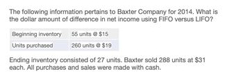 The following information pertains to Baxter Company for 2014. What is
the dollar amount of difference in net income using FIFO versus LIFO?
Beginning inventory 55 units @ $15
Units purchased
260 units @ $19
Ending inventory consisted of 27 units. Baxter sold 288 units at $31
each. All purchases and sales were made with cash.