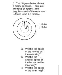 8. The diagram below shows
a merry-go-round. There are
two rows of horses. The
angular speed of the outer row
is found to be 2.0 rad/sec.
, = 3.0 m
; = 5.0 m
a. What is the speed
of the horses on
the outer ring?
b. What is the
angular speed of
the horses on the
inner ring?
c. What is the speed
of the inner ring?
