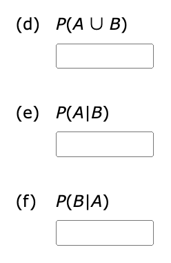 (d) P(AUB)
(e) P(A/B)
(f) P(BIA)