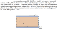 A viscous, incompressible fluid flows steadily between two horizontal,
infinite, parallel plates that are spaced a distance b=10cm apart as shown in the figure. The
fluid has a density of 792 kg/m³. The bottom plate is fixed and the upper plate moves parallel
to the bottom plate with a constant velocity, Uo = 15 m/s. The velocity variation between the
plates is linear. What is the momentum flowrate across vertical surface between the plates, if
the width of the plates is 4 cm?
Uo
b
fixed
plate
