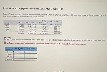 Exercise 11-47 (Algo) Net Realizable Value Method (LO 11-3)
Barrett Chemicals manufactures four chemicals, Chem-1, Chem-2, Chem-3, and Chem-4, from a joint process. The total joint costs in
May were $564,000. Additional information follows:
Product
Chem-1
Chem-2
Chem-3
Chem-4
Units
Produced
Product
Chem-1
Chem-2
Chem-3
Chem-4
302,000
190,000
206,000
158,000
856,000
NRV at Split-
Off
If Processed Further
Sales Value at Additional
Split-Off
Costs
$ 234,000
278,000
163,600
260,400
$ 936,000
Required:
Barrett Chemicals uses the net realizable value method to allocate joint costs. What joint costs would be allocated to each product in
May?
Note: Round percentages to 2 decimals. Round your final answers to the nearest whole dollar amounts.
Joint Costs
Allocated
$ 34,100
30,800
26,300
27,700
$ 118,900
Sales Values
$ 274,000
304,000
194,000
284,000
$ 1,056,000
‒‒‒