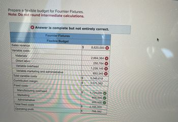 Prepare a flexible budget for Fournier Fixtures.
Note: Do not round intermediate calculations.
Sales revenue
Variable costs:
Answer is complete but not entirely correct.
Fournier Fixtures
Flexible Budget
Materials
Direct labor
Variable overhead
Variable marketing and administrative
Total variable costs
Contribution margin
Fixed costs:
Manufacturing overhead
Marketing
Administrative
Total fixed costs
Operating profit
$
$
$
$
$
$
8,620,000 x
2,664,364 x
250,764 X
1,238,145 x
893,345 x
5,046,618
3,573,382
1,720,000
600,000
465,000
2,785,000
788,382