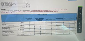 Contribution margin.
Fixed manufacturing cost
Fixed Selling, General and
Administrative cost
Operating profit
Required:
Prepare a profit variance analysis for the Superior Plant for July. (Do not round intermediate calculations. Indicate the effect of each
variance by selecting "F" for favorable, or "U" for unfavorable. If there is no effect, do not select either option.)
Quantity
Revenue
Variable manufacturing cost
Variable Selling, General and
Administrative cost
Contribution margin
Fixed manufacturing cost
Fixed Selling, General and
Administrative cost
Operating profit
Actuals
9,560
$1,750,800
764,394
110,640
875,766
219,040
$
$
$ 875,766
219,040
376,000
$ 280,726
376,000
280,726
Manufacturing
Variances
Profit Variance Analysis
Selling, General and
Administrative
Variances
Sales Price Variance
Flexible Budget Sales Activity Variance
$
$
M
B
:::
(+
100%
e
NI+