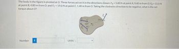 ### Net Torque Calculation

The body in the figure is pivoted at point O. Three forces act on it in the directions shown:

- \(F_A = 5.80 \, \text{N}\) at point A, which is 9.40 m from O.
- \(F_B = 15.0 \, \text{N}\) at point B, which is 4.80 m from O.
- \(F_C = 19.0 \, \text{N}\) at point C, which is 1.40 m from O.

We are to determine the net torque about point O, considering the clockwise direction as negative.

### Diagram Explanation:
The diagram displayed shows an irregularly shaped body pivoted at point O. 

- Point A is on the body with a force \(F_A\) acting in a direction specified in the diagram.
- Point B is on the body with a force \(F_B\) acting in a different direction.
- Point C is on the body with a force \(F_C\) acting in yet another direction.
- Each force is shown with its respective angle and distance from O.

### Torque Calculation:
1. **Torque from \(F_A\) (Counterclockwise - positive direction):**
   - \( \tau_A = F_A \times d_A \times \sin(\theta_A) \)
   - \( d_A = 9.40 \, \text{m} \)
   - Assume \(\theta_A\) is the angle given relative to the lever arm.
   - Assume from diagram: \( \theta_A = 130^\circ \)

2. **Torque from \(F_B\) (Counterclockwise - positive direction):**
   - \( \tau_B = F_B \times d_B \times \sin(\theta_B) \)
   - \( d_B = 4.80 \, \text{m} \)
   - Assume \(\theta_B\) is the angle given relative to the lever arm.
   - Assume from diagram: \( \theta_B = 180^\circ - 60^\circ \) (120 degrees)

3. **Torque from \(F_C\) (Clockwise - negative direction):**
   - \( \tau_C = F_C \times d_C \times \sin(\theta_C) \)
   - \( d_C = 1.40 \, \text