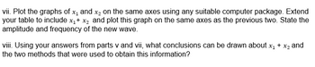 vii. Plot the graphs of x₁ and x₂ on the same axes using any suitable computer package. Extend
your table to include x₁ + x₂ and plot this graph on the same axes as the previous two. State the
amplitude and frequency of the new wave.
viii. Using your answers from parts v and vii, what conclusions can be drawn about x₁ + x₂ and
the two methods that were used to obtain this information?