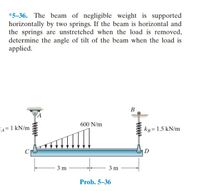 *5-36. The beam of negligible weight is supported
horizontally by two springs. If the beam is horizontal and
the springs are unstretched when the load is removed,
determine the angle of tilt of the beam when the load is
applied.
В
PA
600 N/m
FA=1 kN/m
kg= 1.5 kN/m
D
3 m
3 m
Prob. 5-36
