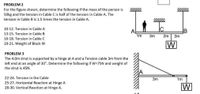 PROBLEM 2
For the figure shown, determine the following if the mass of the person is
50kg and the tension in Cable C is half of the tension in Cable A. The
tension in Cable B is 1.5 times the tension in Cable A.
10-12. Tension in Cable A
A
13-15. Tension in Cable B
1m
3m
2m
2m
16-18. Tension in Cable C
W
19-21. Weight of Block W
PROBLEM 3
The 4.0m strut is supported by a hinge at A and a Tension cable 3m from the
left end at an angle of 30°. Determine the following if W=75N and weight of
the strut is 45N.
22-24. Tension in the Cable
3m
1m
25-27. Horizontal Reaction at Hinge A
28-30. Vertical Reaction at Hinge A.
W
