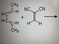 ### Chemical Reaction Diagram

This image depicts a chemical reaction between two organic compounds:

1. **2-Methyl-1,3-butadiene** (also known as isoprene):
   - Structure: CH₂=C(CH₃)-CH=CH₂
   - Features four carbon atoms with a double bond between the first and second, and the third and fourth carbons. A methyl group (CH₃) is attached to the second carbon.

2. **Fumarodinitrile:**
   - Structure: NC-CH=CH-CN
   - Composed of two carbon atoms connected by a double bond, with a nitrile group (CN) attached to each carbon.

The reaction is indicated by a rightward arrow, signifying that these two compounds react to form a new product (not shown in the image). This type of diagram is commonly used to illustrate processes in organic chemistry, often used to demonstrate synthesis or transformation of complex molecules.