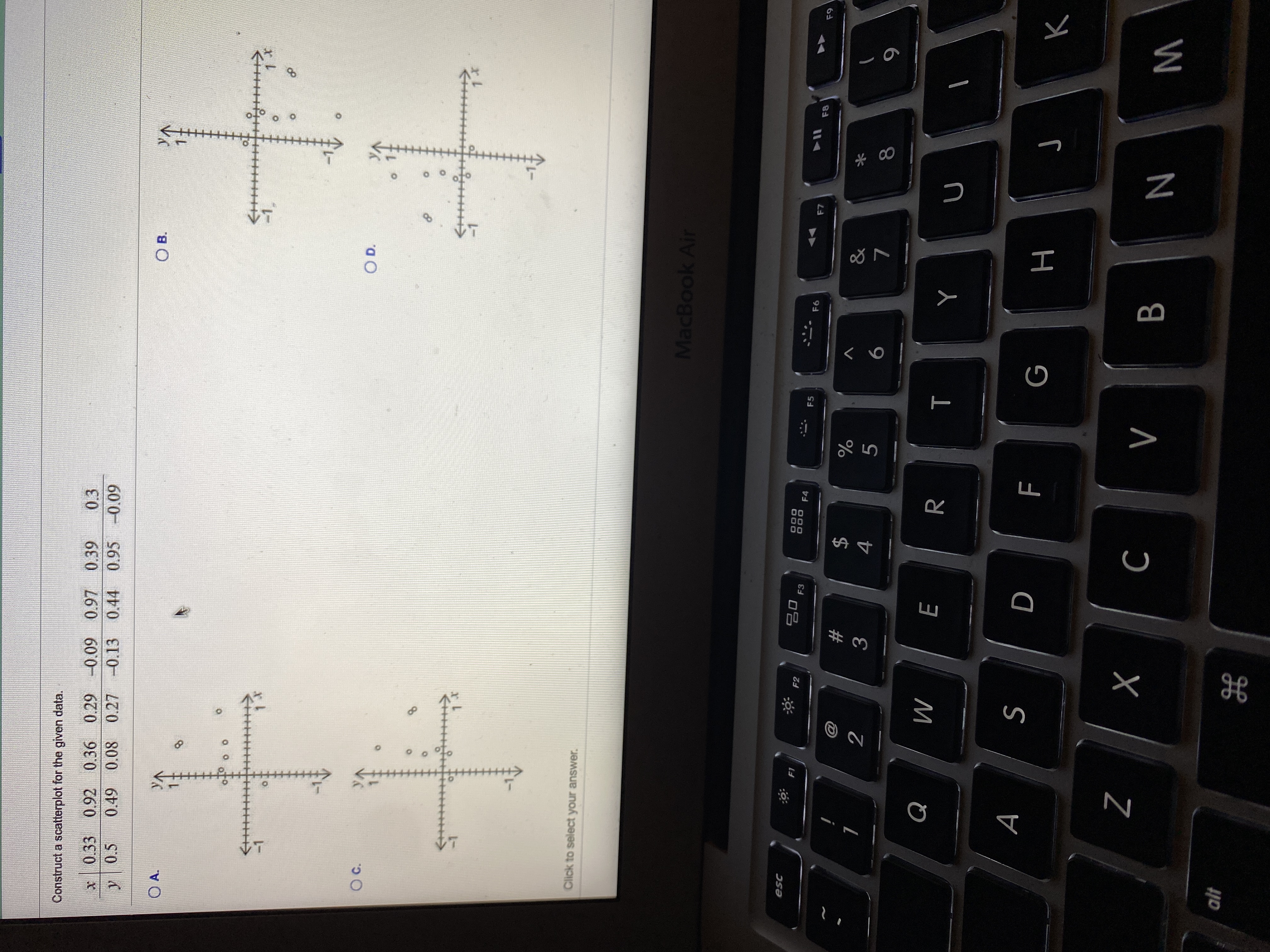 Construct a scatterplot for the given data.
0.33 0.92
0.36 0.29
-0.09 0.97 0.39
0.3
y 0.5
0.49
0.08 0.27
-0.13 0.44 0.95 -0.09
OA.
