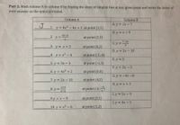 Part 2. Math column A to column B by finding the slope of tangent line at any given point and write the letter of
your answer on the space provided.
Column A
Column B
A. y = 2x - 7
1. y 4x2- 4x +1 at point (1,1)
B. y = x-9
2x-5
_2. y =
at point (1,5)
7-2x
C. y = *
3. у %3D х +3
at point (4,1)
D. y = 2x - 10
4. y = x² - 4
at point (-2,-4)
E. y = 2
5. у %3D Зх — 5
at point (-2,3)
F. y = 3x - 5
6. y = 4x2 + 2
at point (0,0)
G. y = -4x-8
7. y = 2x- 10
at point (4,2)
H. y = x+ 3
8. y =
x+4
at point (-2,-)
X-4
I. y = 5x -9
%3D
9.y x-9
at point (3,1)
J. y = 4x- 3
10. y = x2 - 6
at point (1,2)
