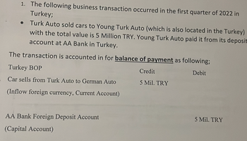 1. The following business transaction occurred in the first quarter of 2022 in
Turkey;
● Turk Auto sold cars to Young Turk Auto (which is also located in the Turkey)
with the total value is 5 Million TRY. Young Turk Auto paid it from its deposit
account at AA Bank in Turkey.
The transaction is accounted in for balance of payment as following;
Turkey BOP
Credit
Debit
Car sells from Turk Auto to German Auto
5 Mil. TRY
(Inflow foreign currency, Current Account)
AA Bank Foreign Deposit Account
(Capital Account)
5 Mil. TRY