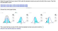 Sketch the graph that has an area of 0.62 under the standard normal curve and to the left of the z-score. Then find
the associated z-score.
Click here to view page 1 of the normal distribution table.
Click here to view page 2 of the normal distribution table.
Choose the correct graph below.
O A.
В.
0.62
0.62
0.62
0.62
Oz
z0
z0
The z-score that has an area of 0.62 under the standard normal curve and to its left is
(Round to two decimal places as needed.)
D.
