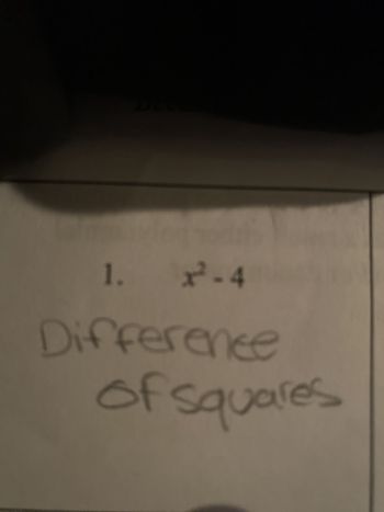 **Lesson: Difference of Squares**

**Example 1: \(x^2 - 4\)**

This is an example of the "difference of squares." In algebra, a difference of squares is a specific type of binomial that can be factored into two conjugate binomials. The general form is:

\[ a^2 - b^2 = (a + b)(a - b) \]

**Explanation:**
- In the expression \(x^2 - 4\), \(x^2\) and \(4\) are both perfect squares.
- Here, \(x^2\) is the square of \(x\), and \(4\) is the square of \(2\).
- Applying the difference of squares formula, we get:

\[ x^2 - 4 = (x + 2)(x - 2) \]

This factorization is useful for simplifying expressions and solving equations where a difference of squares is present.