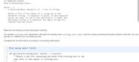 >>> help(str.split)
Help on method_descriptor:
split(...)
S. split(sep=None, maxsplit=-1) -> list of strings
Return a list of the tokens in S, using sep as the
delimiter string. If maxsplit is given, at most maxsplit
splits are done. If sep is not specified or is None, any
whitespace string is a separator and empty strings are
removed from the result.
Read the last sentence of that description carefully.
If a variable training_text represents a file open for reading, then training_text.read() returns a string containing the entire contents of the file. You can
use the str method split to make your list.
Complete the function below according to its docstring description.
1 from typing import TextIO
2
def get_words(training_text: TextI0) -> 1ist[str]:
4
"""Return a new list containing the words from training_text in the
same order as they appear in training_text.
