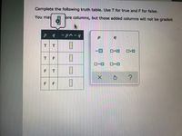 Complete the following truth table. Use T for true and F for false.
You may
ore columns, but those added columns will not be graded.
P qp^~9
b.
T
FT
