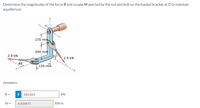 **Problem Statement:**

Determine the magnitudes of the force \( R \) and couple \( M \) exerted by the nut and bolt on the loaded bracket at \( O \) to maintain equilibrium.

**Diagram Explanation:**

The diagram shows a bracket mechanism subjected to forces. Key aspects include:

- The bracket is anchored at point \( O \).
- Two forces of magnitude 2.9 kN each are applied at an angle of 22 degrees to the horizontal plane \( x-z \).
- The geometry of the bracket is defined by three given dimensions:
  - Length of 155 mm vertically along the \( y \)-axis from the fixed point.
  - A horizontal section 150 mm long along the \( x \)-axis.
  - The inclined sections are positioned with angles given, affecting the application of forces due to the geometry. 
- A handle is attached at point \( O \), suggesting a rotational element where a couple might be applied.

**Calculated Answers:**

- \( R = 688.869 \) kN
- \( M = 0.836871 \) kN·m