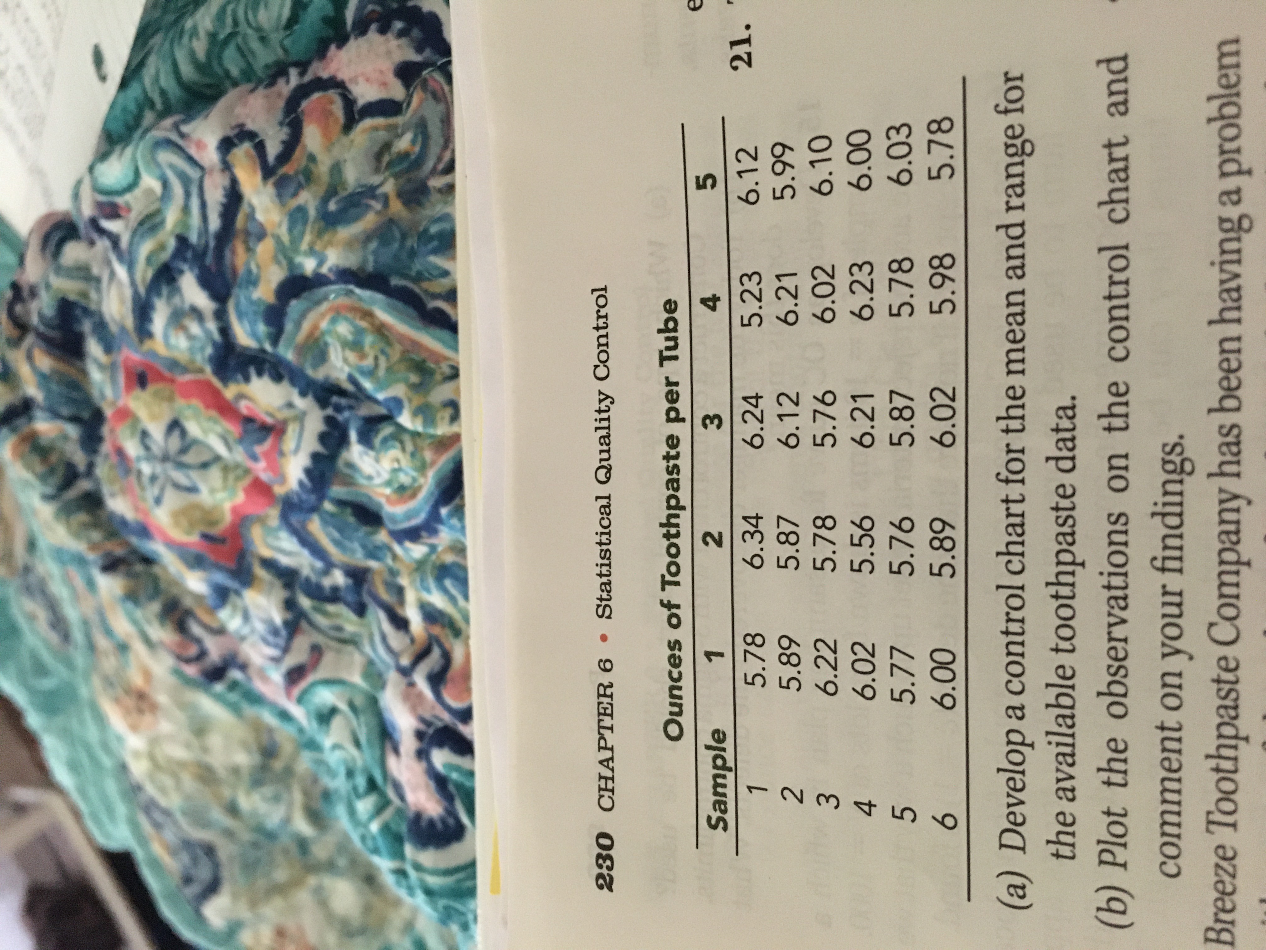 230 CHAPTER 6 • Statistical Quality Control
Ounces of Toothpaste per Tube
Sample
3.
4
5.78
6.34
6.24
5.23
6.12
21.
5.89
5.87
6.12
6.21
5.99
6.22
5.78
5.76
6.02
6.10
6.02
5.56
6.21
6.23
6.00
5.77
5.76
5.87
5.78
6.03
6.00
5.89
6.02
5.98
5.78
(a) Develop a control chart for the mean and range for
the available toothpaste data.
(b) Plot the observations on the control chart and
comment on your findings.
Breeze Toothpaste Company has been having a problem
1234 56
