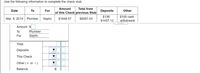 Use the following information to complete the check stub.
Amount
Total from
Date
To
For
Deposits
Other
of this Check previous Stub
$136;
$100 cash
Mar. 8, 2014
Plumber
Septic
$1848.57
$6097.43
$1457.12
withdrawal
Amount $
To
Plumber
For
Septic
Total
Deposits
This Check
Other (+ or -)
Balance
$
