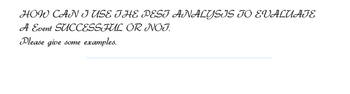 HOW CAN I USE THE PEST ANALYSIS TO EVALUATE
A Event SUCCESSFUL OR NOT.
Please give some examples.