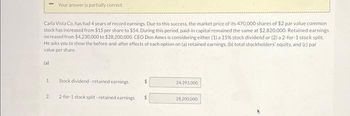 Carla Vista Co. has had 4 years of record earnings. Due to this success, the market price of its 470,000 shares of $2 par value common
stock has increased from $15 per share to $54. During this period, paid-in capital remained the same at $2,820,000. Retained earnings
increased from $4,230,000 to $28,200,000. CEO Don Ames is considering either (1) a 15% stock dividend or (2) a 2-for-1 stock split.
He asks you to show the before-and-after effects of each option on (a) retained earnings, (b) total stockholders' equity, and (c) par
value per share.
(a)
1.
Your answer is partially correct.
2.
Stock dividend-retained earnings
$
2-for-1 stock split retained earnings $
24,393,000
28,200,000