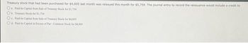 Treasury stock that had been purchased for $4,005 last month was reissued this month for $5,759. The journal entry to record the reissuance would include a credit to
O Paid-In Capital from Sale of Treasury Stock for $1,754
Oh Treasury Stock for $1,754
O Paid-In Capital from Sale of Treasury Stock for $4,005
Od Paid-In Capital in Excess of Par Common Stock for $4,005