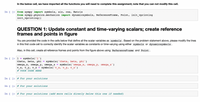 In the below cell, we have imported all the functions you will need to complete this assignment; note that you can not modify this cell.
In [ ]:
from sympy import symbols, sin, cos, Matrix
from sympy.physics.mechanics import dynamicsymbols, ReferenceFrame, Point, init_vprinting
init_vprinting()
QUESTION 1: Update constant and time-varying scalars; create reference
frames and points in figure
You are provided the code in the cells below that define all the scalar variables as symbols . Based on the problem statement above, please modify the lines
in this first code cell to correctly identify the scalar variables as constants or time-varying using either symbols or dynamicsymbols .
Also, in this cell, create all reference frames and points from the figure above using ReferenceFrame and Point.
In [ ]: 1 = symbols ('l')
theta, beta, phi
symbols ( 'theta, beta, phi')
symbols ('omega_x, omega_y, omega_z')
omega_x, omega_y, omega_z =
v_x, v_y, v_z = symbols('v_x, v_y, v_z')
# YOUR CODE HERE
In [ ]: # For your solutions
In [ ]: # For your solutions
In [ ]: # For your solutions (add more cells direcly below this one if needed)
