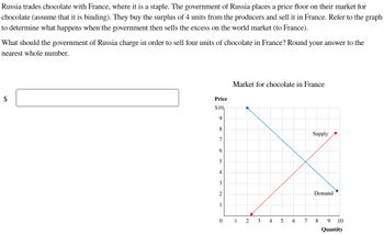 **Russia and France Chocolate Trade Analysis**

Russia trades chocolate with France, where chocolate is considered a staple. The Russian government has implemented a price floor for chocolate (a level above the equilibrium price). As a result, a surplus is created, with the government purchasing 4 excess units from producers. This surplus is then sold in France. Use the graph provided to analyze the market implications when Russia sells this excess chocolate on the world market (specifically to France).

### Market Analysis

**Question:**
What price should the Russian government charge to sell four units of chocolate in France? Provide your answer rounded to the nearest whole number.

**Graph Explanation:**

The graph titled "Market for chocolate in France" illustrates the supply and demand curves for chocolate, measured by price and quantity (in units).

- **Price Axis (vertical):** Ranges from $0 to $10.
- **Quantity Axis (horizontal):** Ranges from 0 to 10 units.

**Supply Curve (Red):**
- Begins at $2 for 2 units and rises linearly to $10 for 10 units.

**Demand Curve (Blue):**
- Starts at $10 for 0 units and decreases linearly to $2 for 8 units.

**Equilibrium Point:**
- The intersection of the supply and demand curves occurs at $6 for 6 units of chocolate.

**Government Intervention:**
- Given the surplus of 4 units, the Russian government should evaluate the demand curve to determine an optimal price point for selling these units in France.

Please enter the price in the provided box: $ ___

The goal is to match these 4 units with demand in the French market, ensuring competitive pricing that maximizes revenue while addressing market conditions.