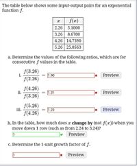 The table below shows some input-output pairs for an exponential
function f.
f(x)
2.26 5.1000
3.26 8.6700
4.26 14.7390
5.26 25.0563
a. Determine the values of the following ratios, which are for
consecutive f values in the table.
f(3.26)
i.
f(2.26)
1.90
Preview
f(4.26)
ii.
f(3.26)
1.31
Preview
f(5.26)
iii.
1.23
Preview
f(4.26)
b. In the table, how much does x change by (not f(x)) when you
move down 1 row (such as from 2.24 to 3.24)?
1
Preview
c. Determine the 1-unit growth factor of f.
Preview
||
