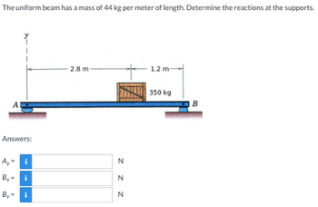 The uniform beam has a mass of 44 kg per meter of length. Determine the reactions at the supports.
AD
Answers:
A, i
i
B₂
By= i
2.8 m-
z z z
1.2 m
350 kg
B