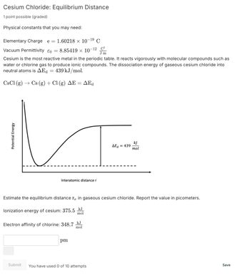 Cesium Chloride: Equilibrium Distance
1 point possible (graded)
Physical constants that you may need:
Elementary Charge e = 1.60218 × 10-19 C
Vacuum Permittivity ε0 = 8.85419 × 10-12 C2
Jm
Cesium is the most reactive metal in the periodic table. It reacts vigorously with molecular compounds such as
water or chlorine gas to produce ionic compounds. The dissociation energy of gaseous cesium chloride into
neutral atoms is AEd = 439 kJ/mol.
CsCl (g) → Cs (g) + Cl (g) AE
=
AEd
Potential Energy
Interatomic distance r
k]
AEd = 439
mol
Estimate the equilibrium distance re in gaseous cesium chloride. Report the value in picometers.
lonization energy of cesium: 375.5
k.J
mol
Electron affinity of chlorine: 348.7
kJ
mol
pm
Submit
You have used 0 of 10 attempts
Save