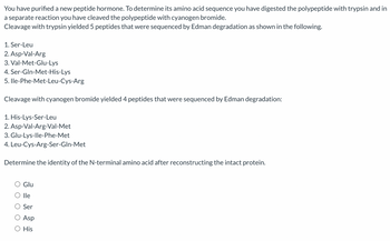 You have purified a new peptide hormone. To determine its amino acid sequence you have digested the polypeptide with trypsin and in
a separate reaction you have cleaved the polypeptide with cyanogen bromide.
Cleavage with trypsin yielded 5 peptides that were sequenced by Edman degradation as shown in the following.
1. Ser-Leu
2. Asp-Val-Arg
3. Val-Met-Glu-Lys
4. Ser-Gln-Met-His-Lys
5. Ile-Phe-Met-Leu-Cys-Arg
Cleavage with cyanogen bromide yielded 4 peptides that were sequenced by Edman degradation:
1. His-Lys-Ser-Leu
2. Asp-Val-Arg-Val-Met
3. Glu-Lys-lle-Phe-Met
4. Leu-Cys-Arg-Ser-Gln-Met
Determine the identity of the N-terminal amino acid after reconstructing the intact protein.
Glu
O lle
Ser
Asp
○ His