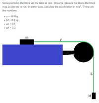 Someone holds the block on the table at rest. Once he releases the block, the block
may accelerate or not. In either case, calculate the acceleration in m/s². These are
the numbers:
•m = 0.4 kg
• M = 0.2 kg
us = 0.4
uk = 0.2
m
L
M
