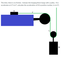 This time, there is no friction. Instead, the hanging block hangs with a pulley. If m
accelerates at 17 m/s?, calculate the acceleration of M (a positive number, in m/s?).
m
L
M
