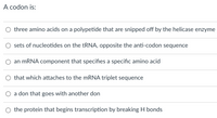 A codon is:

- ○ three amino acids on a polypeptide that are snipped off by the helicase enzyme
- ○ sets of nucleotides on the tRNA, opposite the anti-codon sequence
- ○ an mRNA component that specifies a specific amino acid
- ○ that which attaches to the mRNA triplet sequence
- ○ a don that goes with another don
- ○ the protein that begins transcription by breaking H bonds