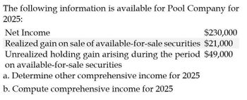 The following information is available for Pool Company for
2025:
Net Income
$230,000
Realized gain on sale of available-for-sale securities $21,000
Unrealized holding gain arising during the period $49,000
on available-for-sale securities
a. Determine other comprehensive income for 2025
b. Compute comprehensive income for 2025