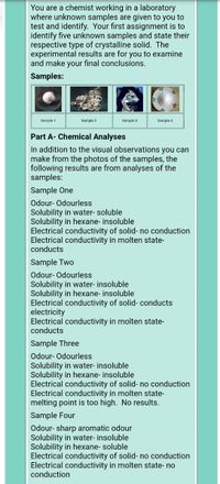 You are a chemist working in a laboratory
where unknown samples are given to you to
test and identify. Your first assignment is to
identify five unknown samples and state their
respective type of crystalline solid. The
experimental results are for you to examine
and make your final conclusions.
Samples:
Sample 1
Sample 2
Sample 3
Sample 4
Part A- Chemical Analyses
In addition to the visual observations you can
make from the photos of the samples, the
following results are from analyses of the
samples:
Sample One
Odour- Odourless
Solubility in water- soluble
Solubility in hexane- insoluble
Electrical conductivity of solid- no conduction
Electrical conductivity in molten state-
conducts
Sample Two
Odour- Odourless
Solubility in water- insoluble
Solubility in hexane- insoluble
Electrical conductivity of solid- conducts
electricity
Electrical conductivity in molten state-
conducts
Sample Three
Odour- Odourless
Solubility in water- insoluble
Solubility in hexane- insoluble
Electrical conductivity of solid- no conduction
Electrical conductivity in molten state-
melting point is too high. No results.
Sample Four
Odour- sharp aromatic odour
Solubility in water- insoluble
Solubility in hexane- soluble
Electrical conductivity of solid- no conduction
Electrical conductivity in molten state- no
conduction
