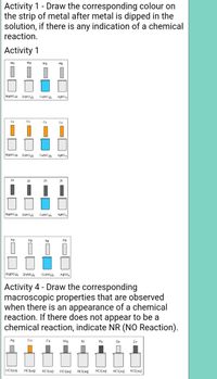 Activity 1- Draw the corresponding colour on
the strip of metal after metal is dipped in the
solution, if there is any indication of a chemical
reaction.
Activity 1
Mg
Mg
Mg
Mg
Mg(NO InNO,
CUNO,
AgNO,
Cu
Cu
Cu
Mg(NO ZnNO
CUNO
AgNO,
Zn
Zn
Mg(NO ZnNo,
CuNO),
AGNO,
Ag
Ag
Ag
Ag
Mg(NO Zn(NO,
Cu(NO,
AgNO,
Activity 4 - Draw the corresponding
macroscopic properties that are observed
when there is an appearance of a chemical
reaction. If there does not appear to be a
chemical reaction, indicate NR (NO Reaction).
Ag
Cu
Fe
Mg
Ni
Pb
Sn
Zn
HCI(aq)
HCI(aq)
HCI(aq)
HCI(aq)
HCI(aq)
HCI(aq)
HCI(aq)
HCI(aq)
