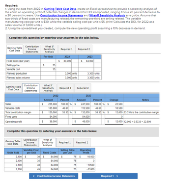 Required:
1. Using the data from 2022 in Gaming Table Cost Data, create an Excel spreadsheet to provide a sensitivity analysis of
the effect on operating profit of potential changes in demand for HFI Incorporated, ranging from a 20 percent decrease to
a 20 percent increase. Use Contribution Income Statements and What-If Sensitivity Analysis as a guide. Assume that
two-thirds of fixed costs are manufacturing related; the remaining one-third are selling-related. The variable
manufacturing cost per unit is $30, while the variable selling cost per unit is $5. (Hint: Calculate the DOL for 2022 at a
sales volume of 3,000 units.)
2. Using the spreadsheet you created, compute the new operating profit assuming a 10% decrease in demand.
Complete this question by entering your answers in the tabs below.
Gaming Table
Contribution
Income
Statements
What If
Sensitivity
Analysis
Required 1
Required 2
Cost Data
Per Unit
2022
84,000
Fixed costs (per year)
Selling price
Variable cost
Planned production
Planned sales volume
Gaming Table
Required 1
Cost Data
Percent
Notes
Sales
$
225,000
100.00 % $
247,500
22,500
Variable costs
105,000
115,500
10,500
46.67
53.33 % S
Total contribution margin
$
120,000
84,000
132,000
84,000
12,000 53.33% is the contribution margin
0
Fixed costs
Operating profit
$
36,000
$
48,000
12,000 12,000=0.5333 × 22,500
Complete this question by entering your answers in the tabs below.
What If
Gaming Table
Cost Data
Contribution
Income
Statements
Required 1
Required 2
Sensitivity
Analysis
Units Sold
Variable Cost
per Unit
Fixed Costs
S
30
S
84,000
75
35
84,000
75
40
84,000
75
45
84,000
75
<Contribution Income Statements
2,100
2,100
2,100
2,100
Contribution
Income
Statements
S
What If
Sensitivity
Analysis
Amount
75
35
$
2022
3,000 units
3,000 units
Selling Price
per Unit
$
2023
$ 84,000
3,300 units
3,300 units
Required 2
Amount
2023
Operating
Profit
S
Percent
100.00 % S
46.67
53.33 % S
$
10,500
0
-10500
-21000
Change
Required 1 >