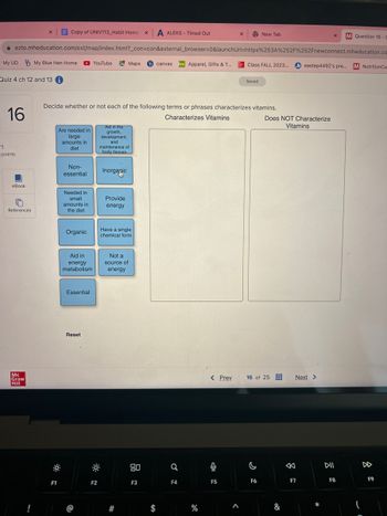 The image appears to be from an educational online platform, focusing on a nutrition-related quiz topic.

Title: Determine Whether Terms or Phrases Characterize Vitamins

The page is a quiz question (16 of 25) asking participants to classify various terms or phrases as either characterizing or not characterizing vitamins. The terms provided are:

1. Are needed in large amounts in the diet
2. Non-essential
3. Needed in small amounts in the diet
4. Organic
5. Aid in energy metabolism
6. Essential
7. Aid in the growth, development, and maintenance of body tissues
8. Inorganic
9. Provide energy
10. Have a single chemical form
11. Not a source of energy

There are two columns labeled:

- Characterizes Vitamins
- Does NOT Characterize Vitamins

Participants drag and drop the terms into the appropriate column to indicate whether each term characterizes vitamins. 

Reference books and sources can be accessed through an "eBook" and "References" button. The quiz is associated with McGraw Hill Education materials.