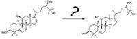 This image depicts a chemical transformation involving two steroid-like molecules. 

**Left Molecule:**
- The structure features a steroid framework with a chlorine (Cl) atom attached, visible in the lower left segment of the molecule.
- Notably, there are methoxy (OMe) groups present on both the left and upper sides of the structure.
- A hydroxyl group (OH) is present at the top right, attached to an isopropyl group.

**Right Molecule:**
- Similar to the left molecule, this structure maintains the steroidal backbone.
- The chlorine (Cl) atom from the left molecule is absent and has been replaced with a nitrile group (–C≡N), indicating a substitution reaction.
- Methoxy (OMe) groups and the hydroxyl group (OH) remain in the same positions as in the left molecule.

The question mark with an arrow suggests an unknown or unspecified reaction or series of reactions leading from the initial compound on the left to the final product on the right. This type of diagram is common in organic chemistry to illustrate transformations without specifying reagents or conditions.